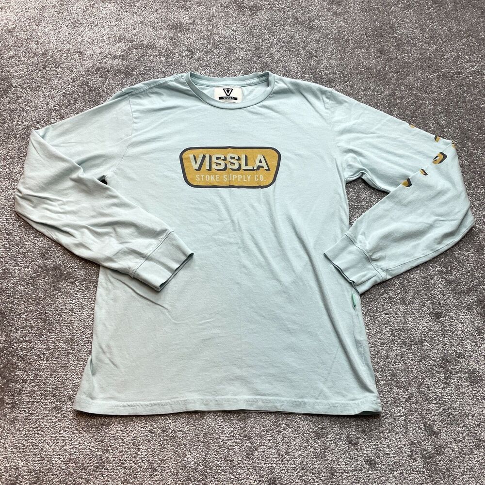 Vissla Shirt Boys XL Light Blue Long Sleeve Cotton Crew Chest and Sleeve Logo
